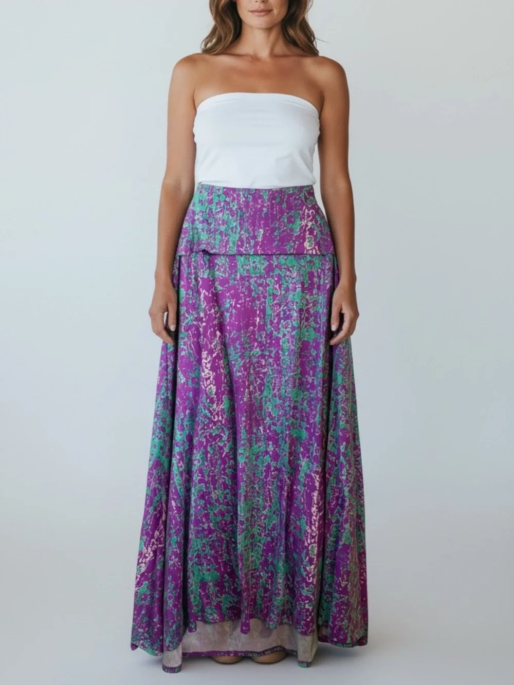 LuLaRoe Purple & Green Patterned A-Line Fold Over Waistband Maxi Skirt M/L